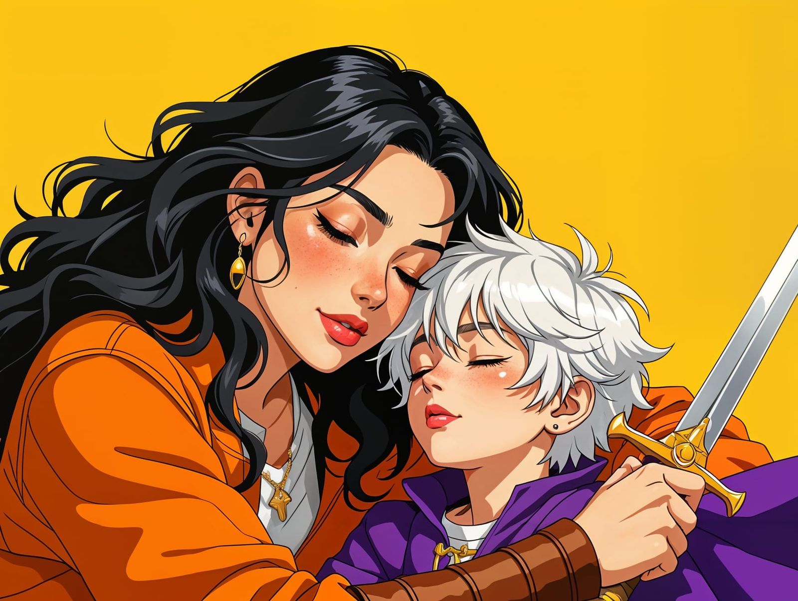 Mother and Son with Sword on Colorful Background