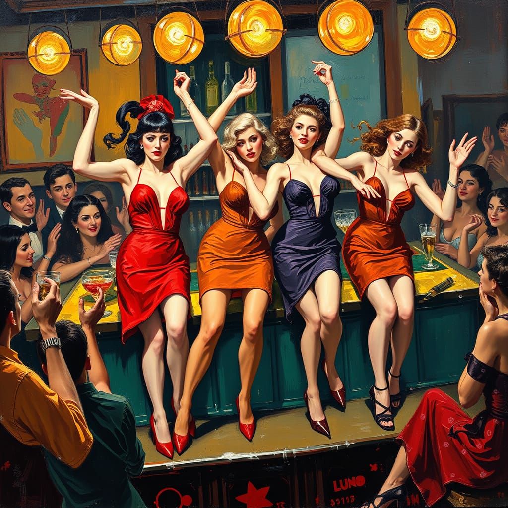 Vibrant Cocktail Waitresses Dance on Bar Counter in Expressi...