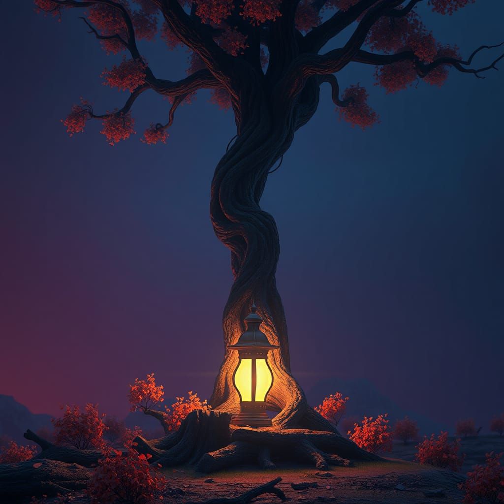Mysterious Glowing Lamp in Fantasy Landscape