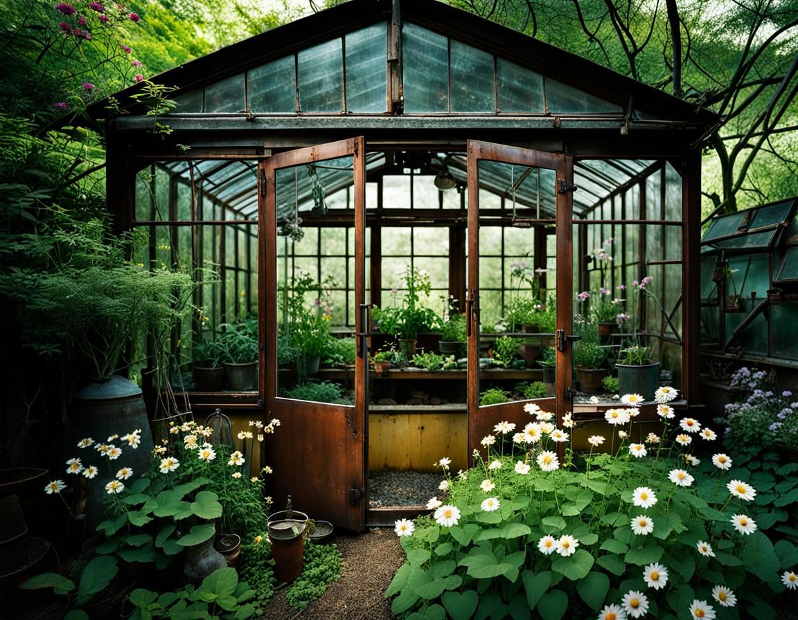 Overgrown Greenhouse in Urban Garden at Dawn