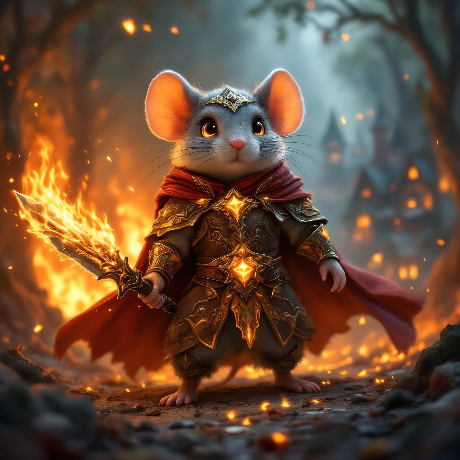 Fearless Mouse Warrior Defends Burning Village
