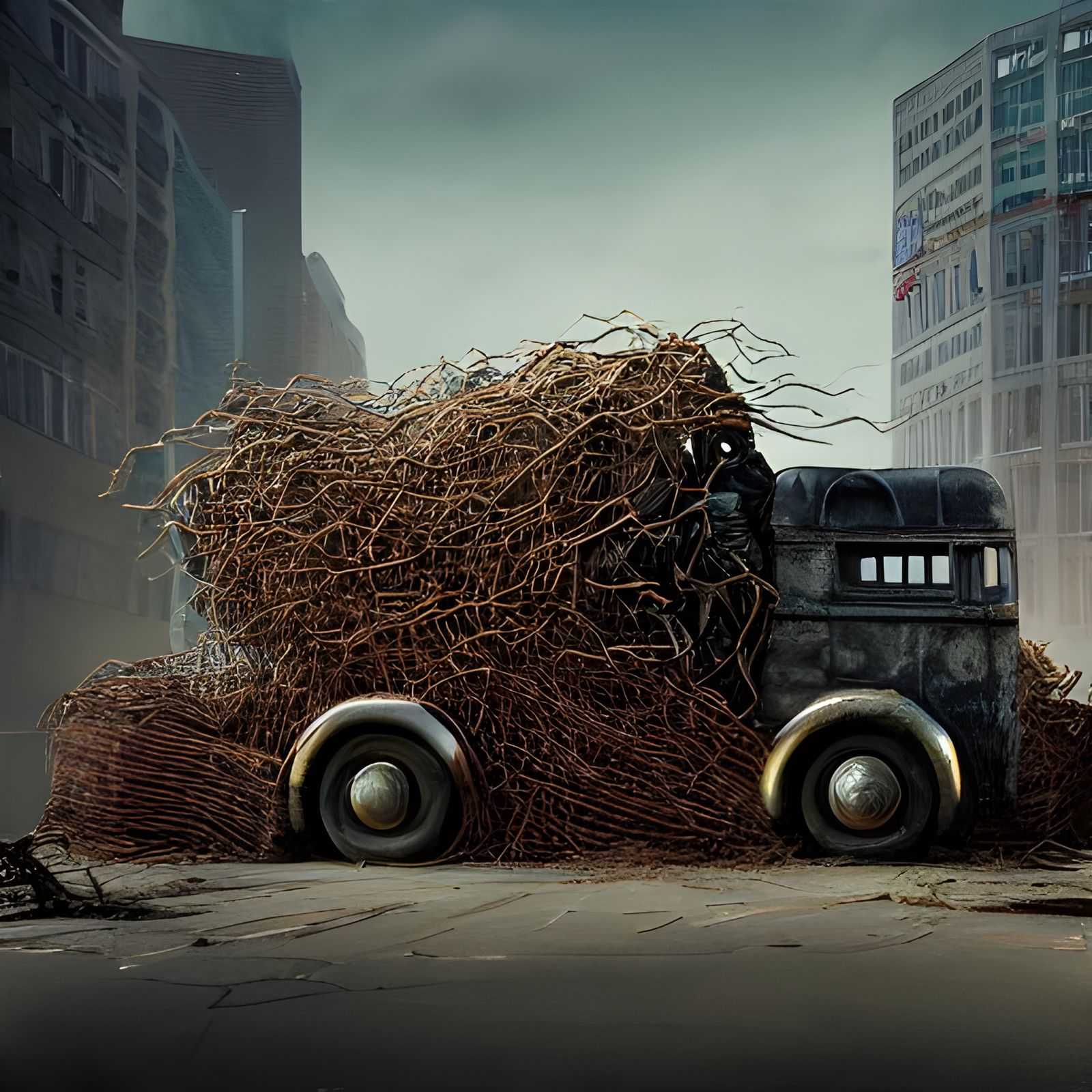 Junk Truck Confronts Zombie Crowd in Digital Art