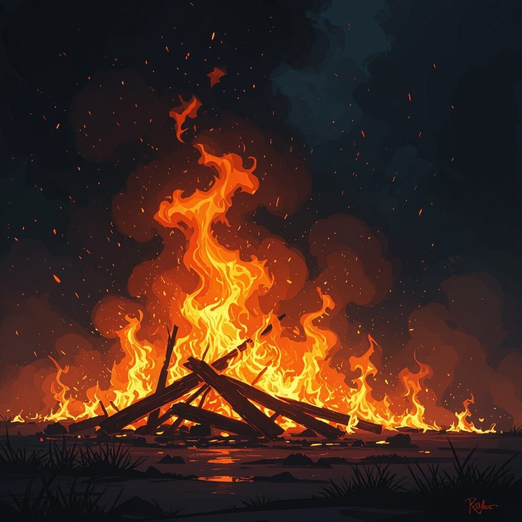 Vibrant Flames on Dark Background in Digital Painting Style