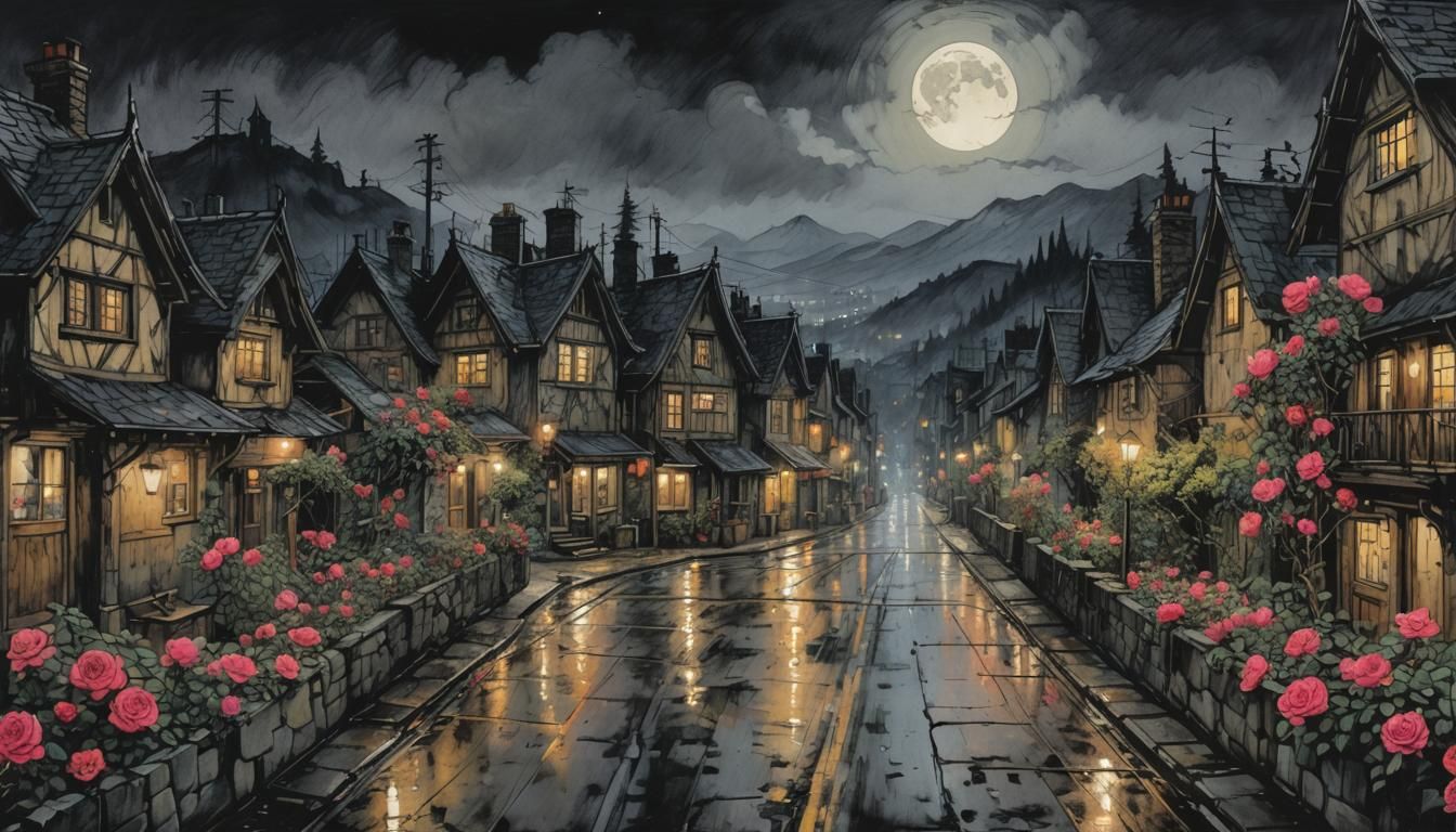 Neon Cityscape Inspired by Arthur Rackham's Art