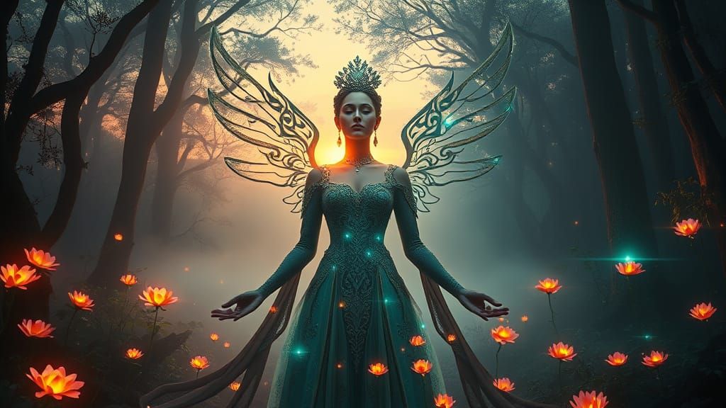 Regal Woman in Mystical Forest: A Dreamlike Portrait