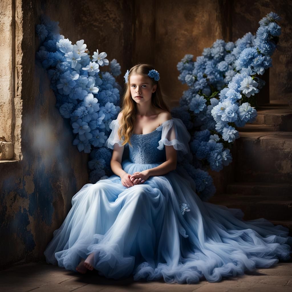 Girl in Victorian Dress with Wings in Clouds