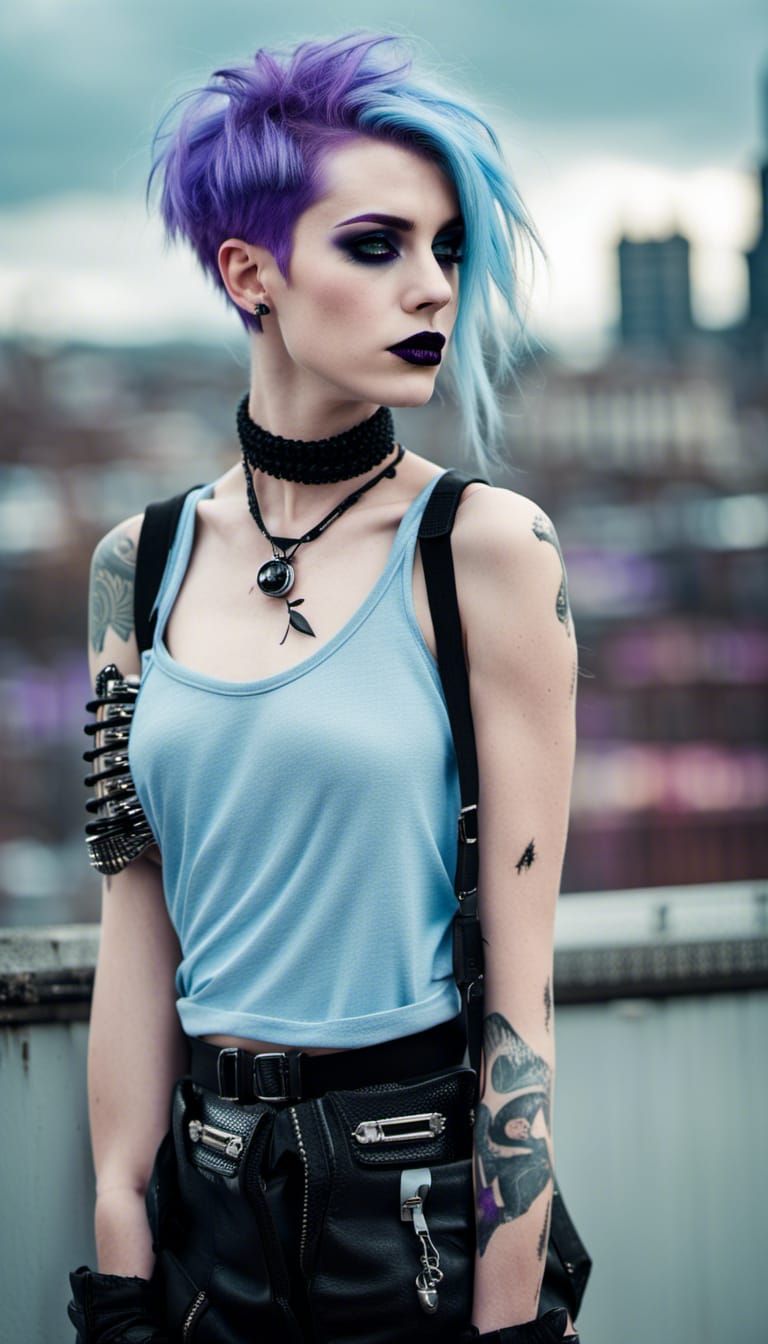 Punk Girl with Blue Hair in Ruined City