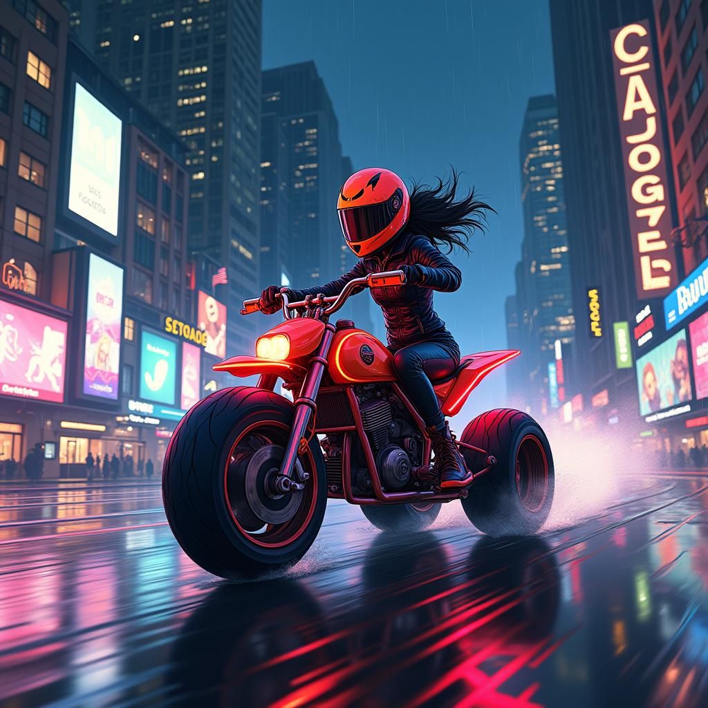 Anime Girl Rides Quad Bike Through Neon City