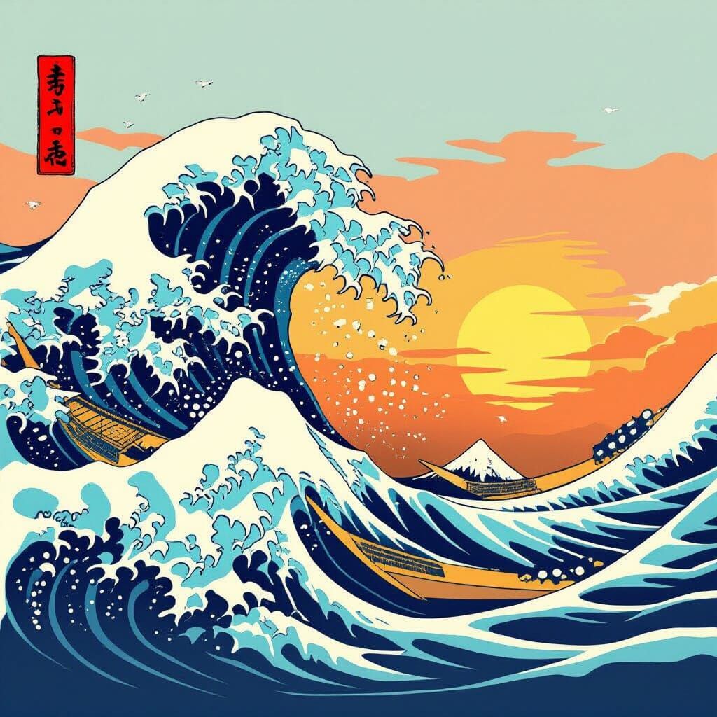 Towering Wave Reimagined as Oil Painting