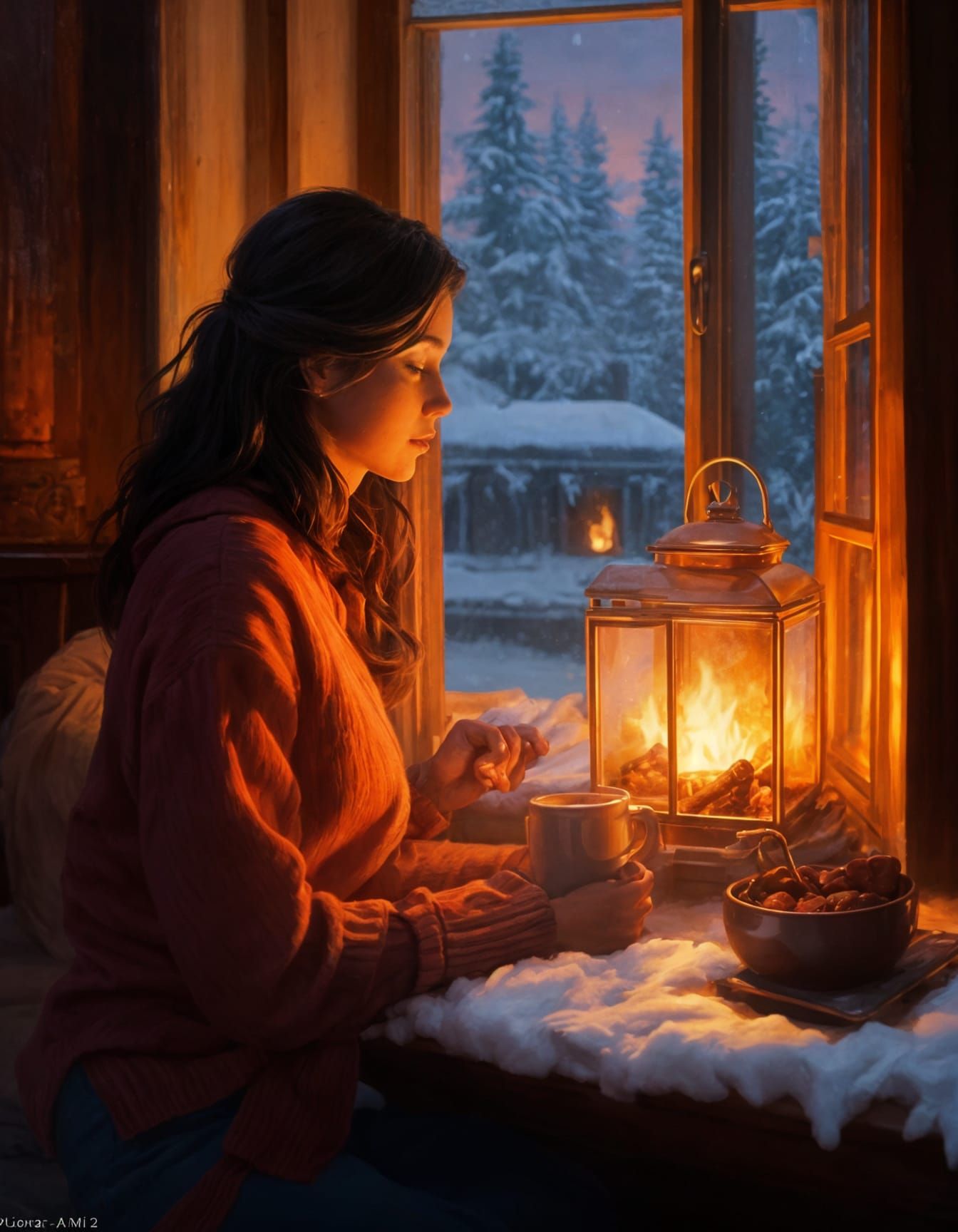 Cozy Fireplace Scene on a Snowy Evening