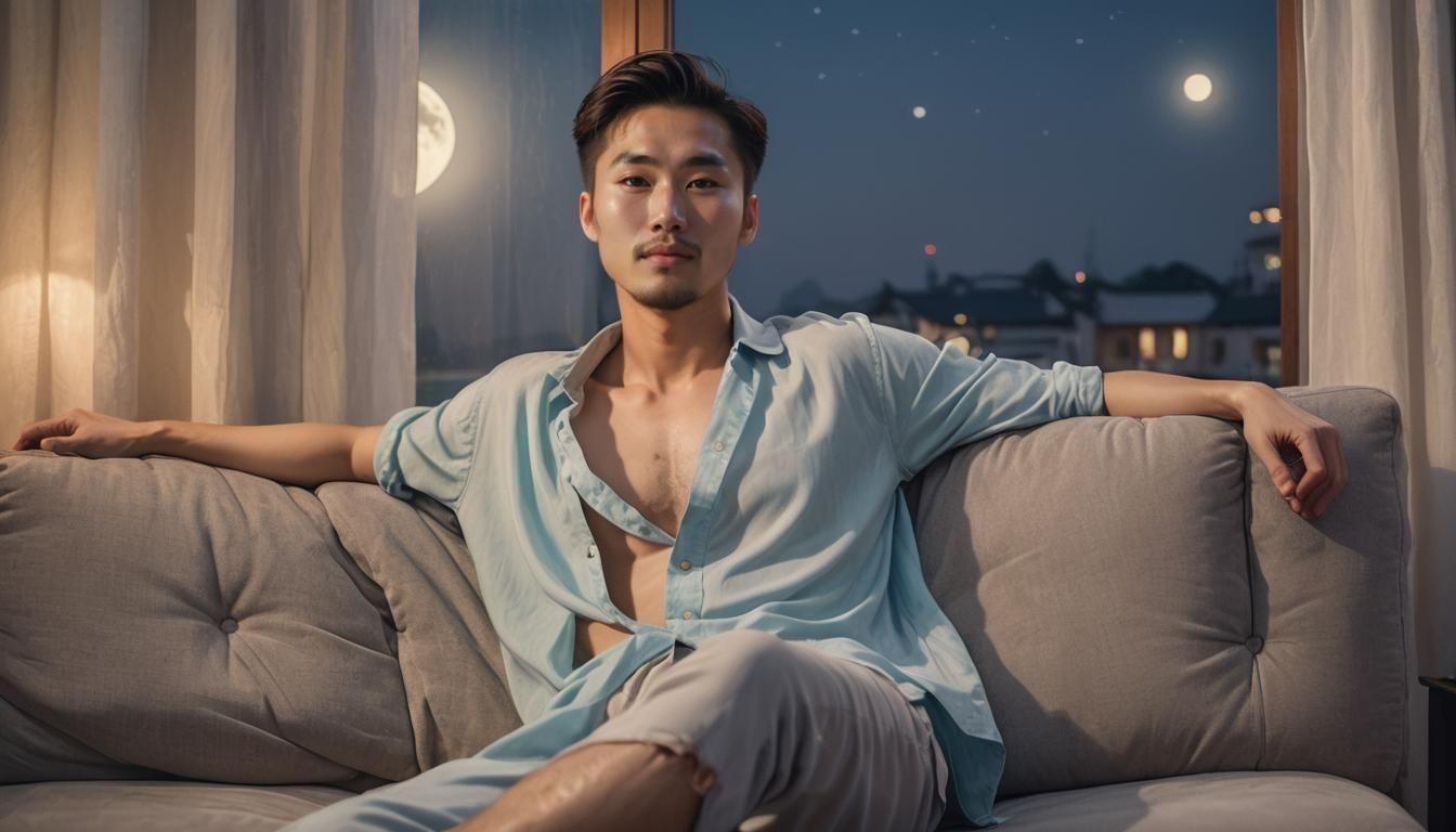 Relaxed Chinese Man in Soft Moonlight, Photorealistic