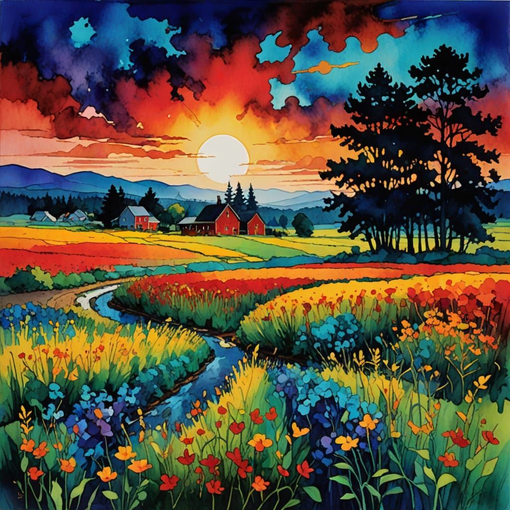 Alcohol Ink Sunset Over Farmland with Birds