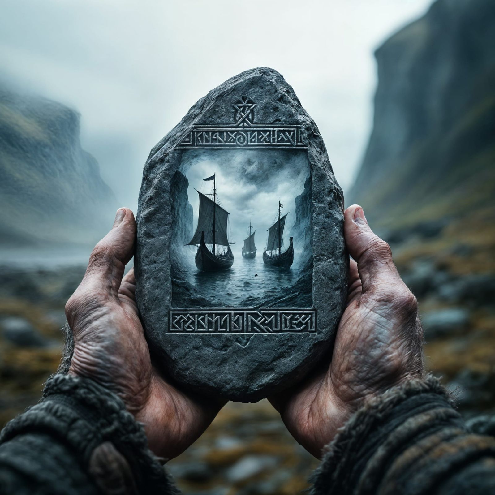 Ethereal Hands Hold Ancient Norse Runestone Secrets