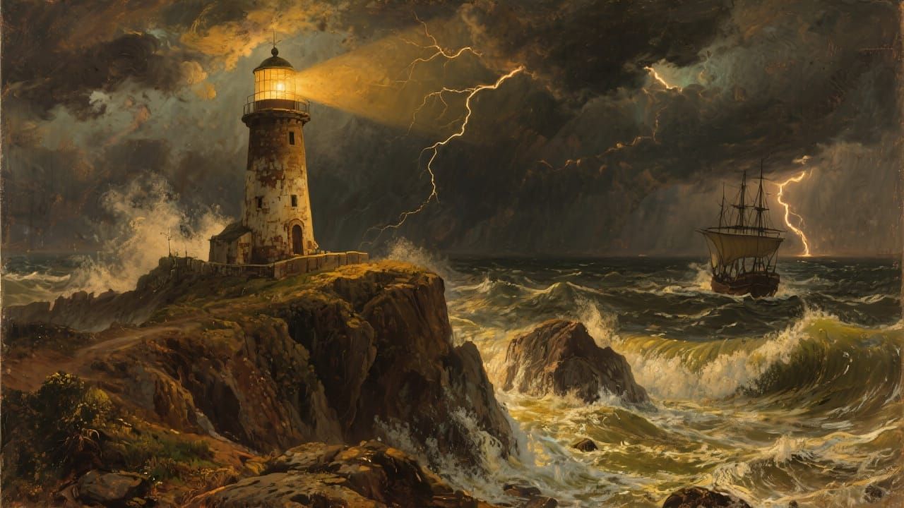 Lighthouse Beacon Shines Over Stormy Sea: Painterly Style