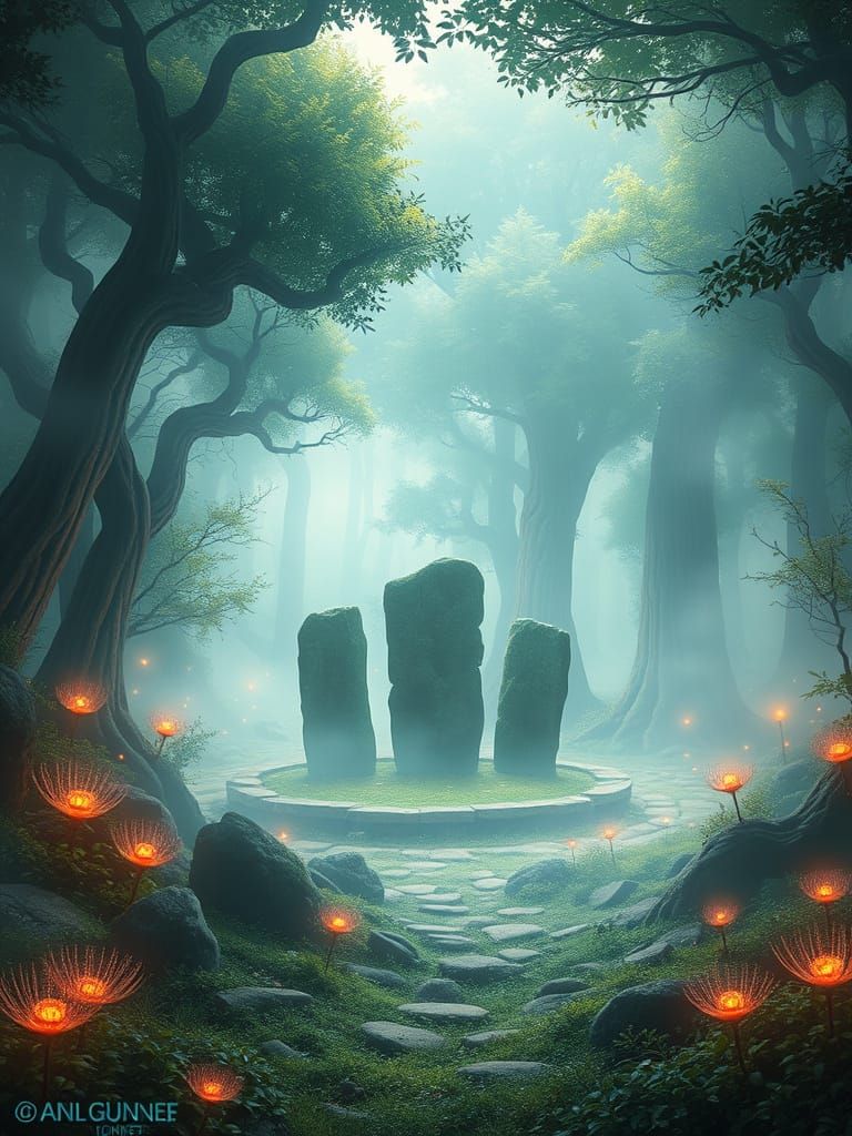 Magical Forest Clearing with Glowing Standing Stones