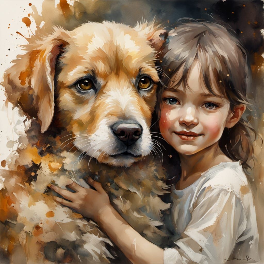 little puppy   with smiling cute child