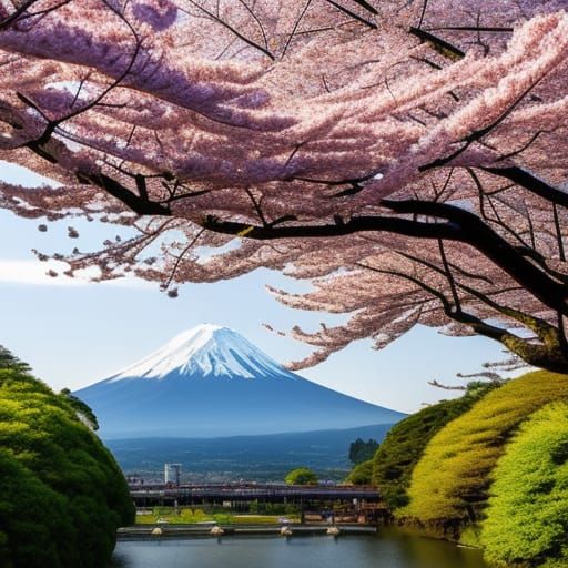 Drone View of Mt. Fuji in Cherry Blossoms