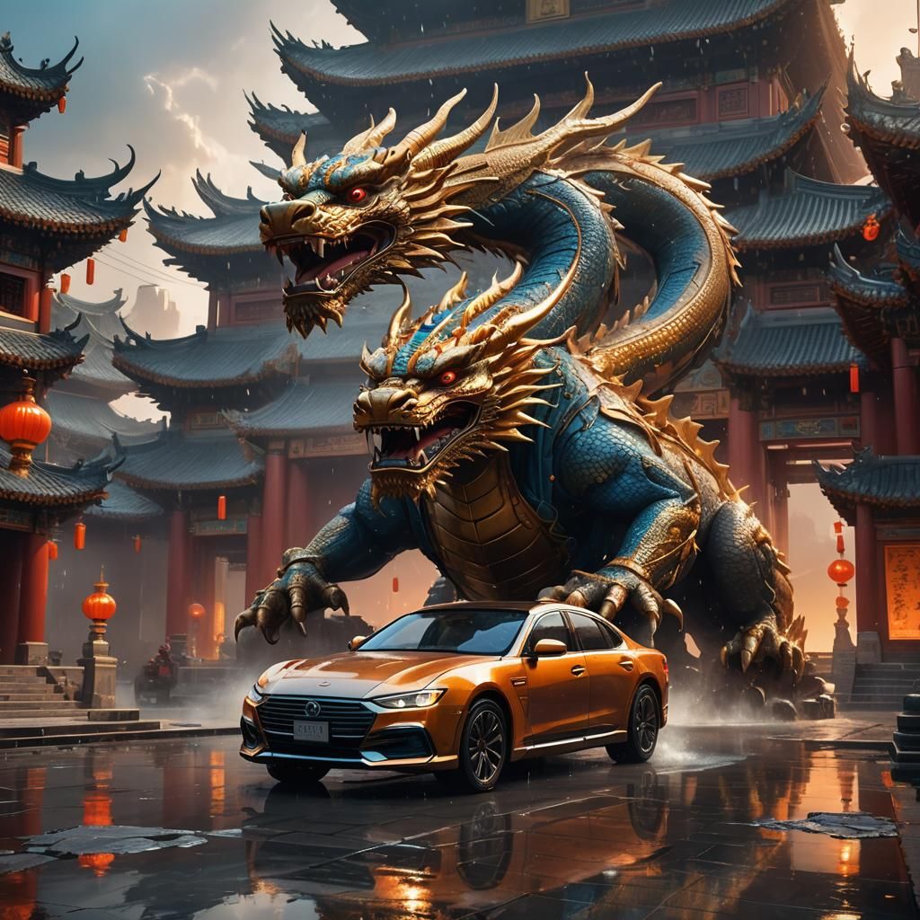 High-Tech Car Meets Ancient Temple in Neon Cityscape