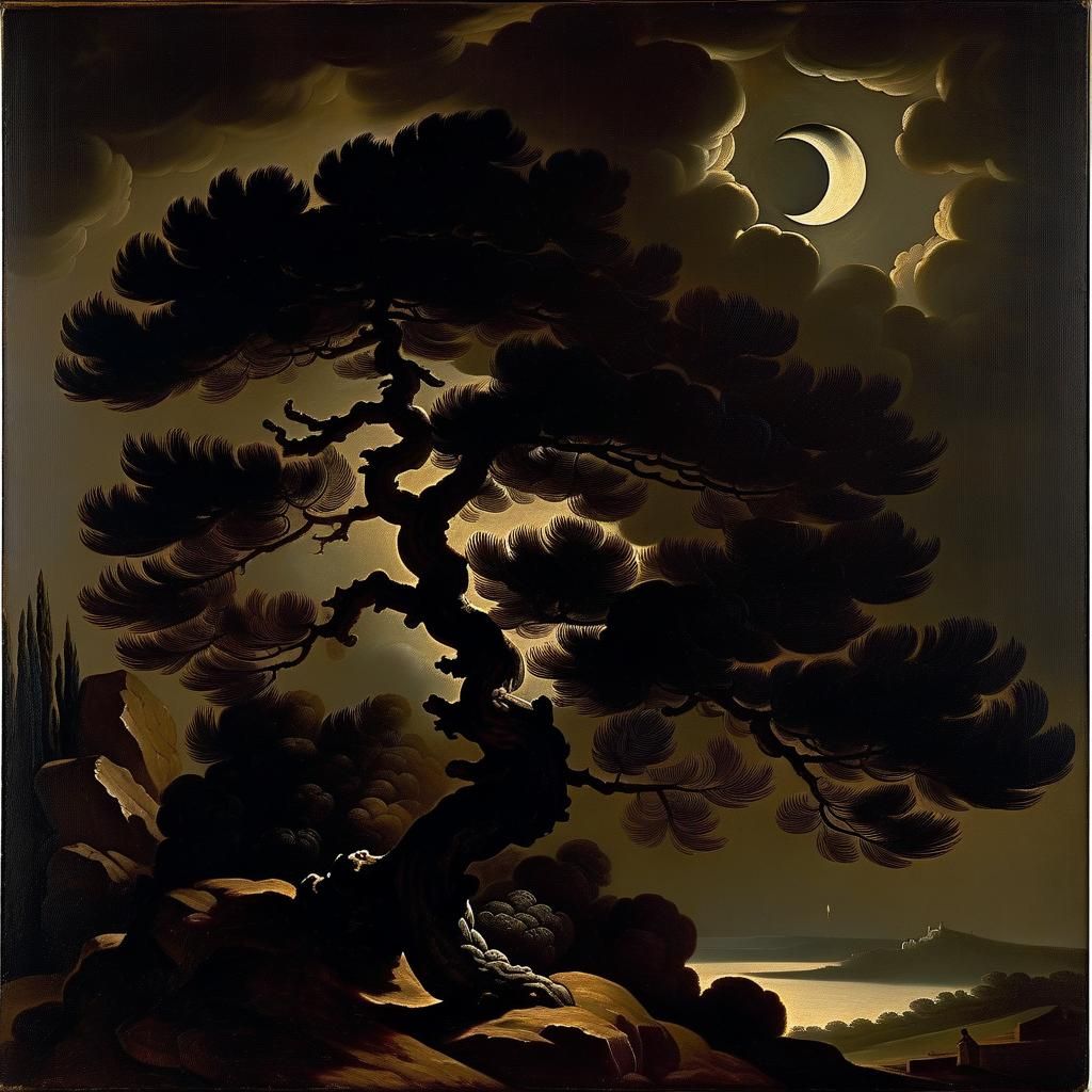 Dramatic Pine Tree at Night in Tenebrism Style