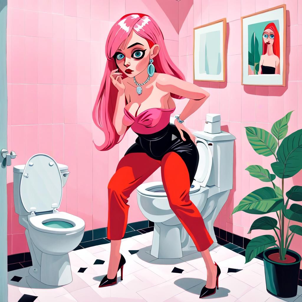 Fashionable Woman in Bathroom with Surreal Hockney Colors