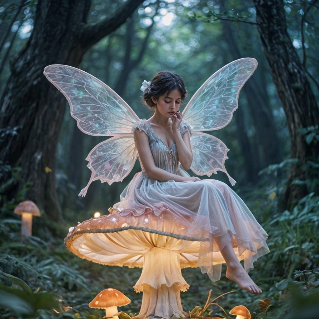 Detailed Fairy Contemplating on Whimsical Mushroom