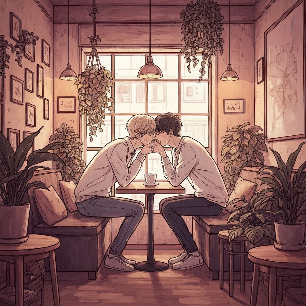 Cafe Kiss: Intimate Moment in Ink Wash Style