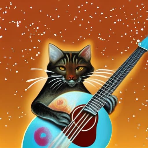 Psychedelic Cat Plays Guitar in Red Landscape