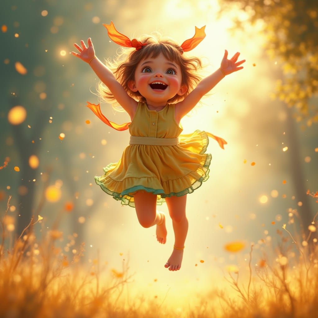Child Leaps in Whimsical Joy Amidst Sparkling Golden Light