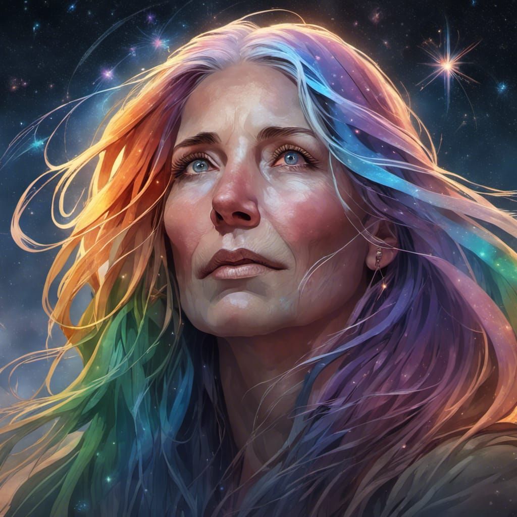 Rainbow Haired Woman Gazing at Starry Night Sky