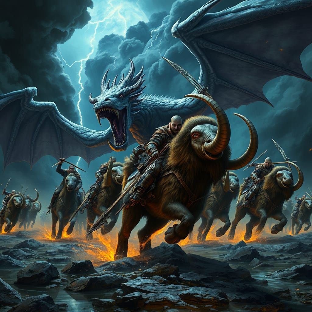 Mammoth Riders Fight Dragon in Dark Fantasy Style