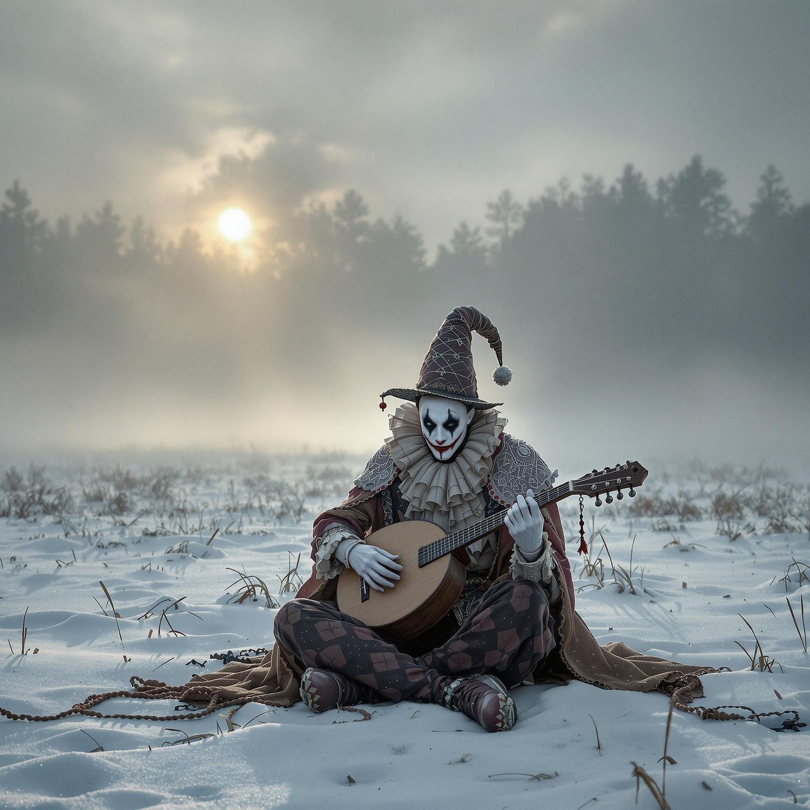 Ethereal Winter Scene of a Jester in the Snow