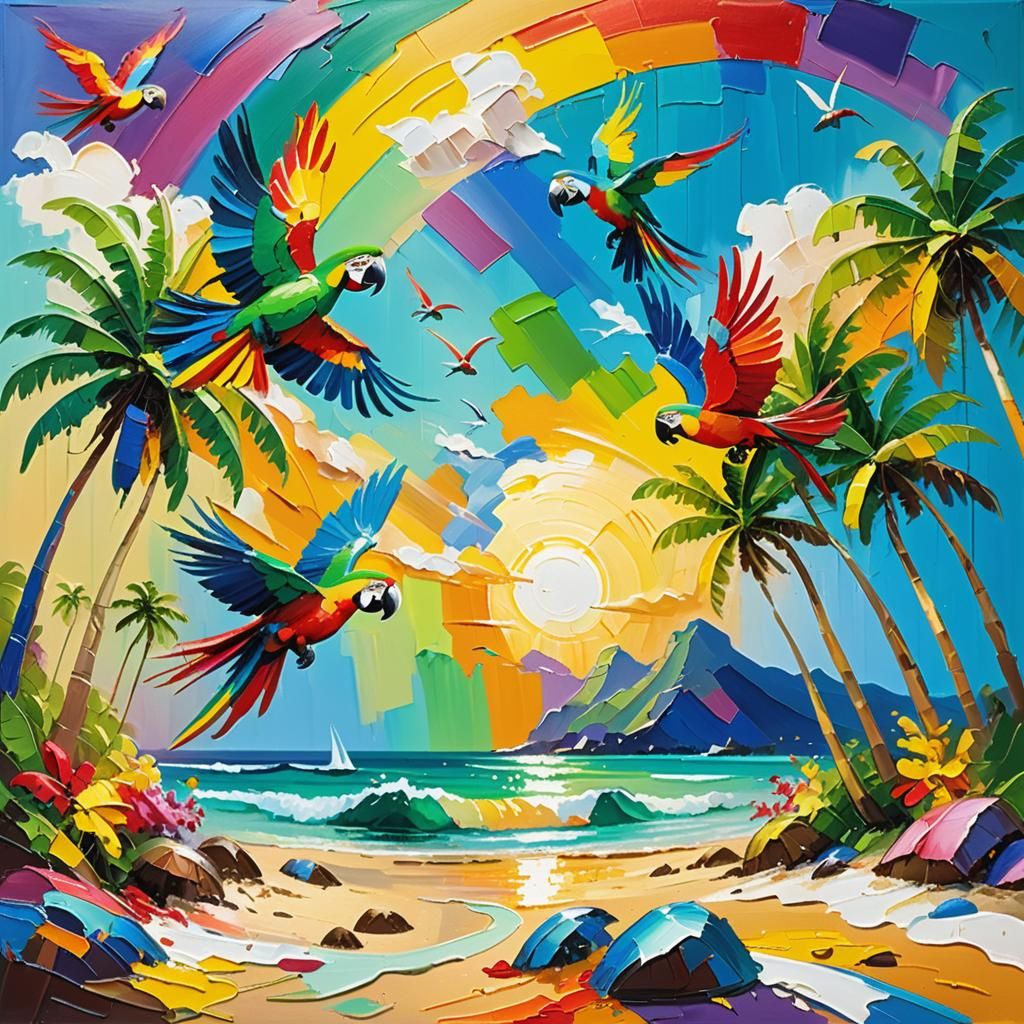 Tropical Beach with Parrots: Expressionist Oil Painting