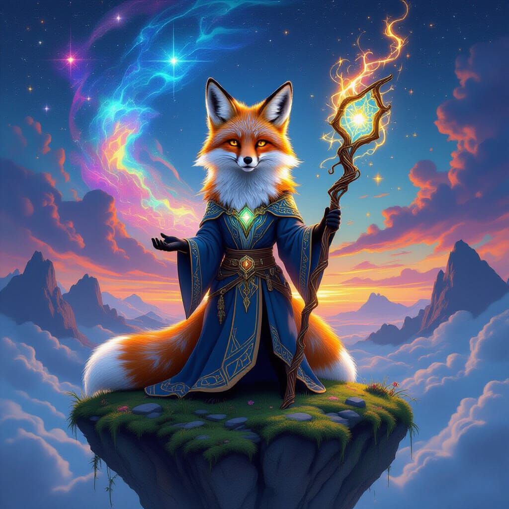 Ethereal Fox on Floating Island with Wizard Staff