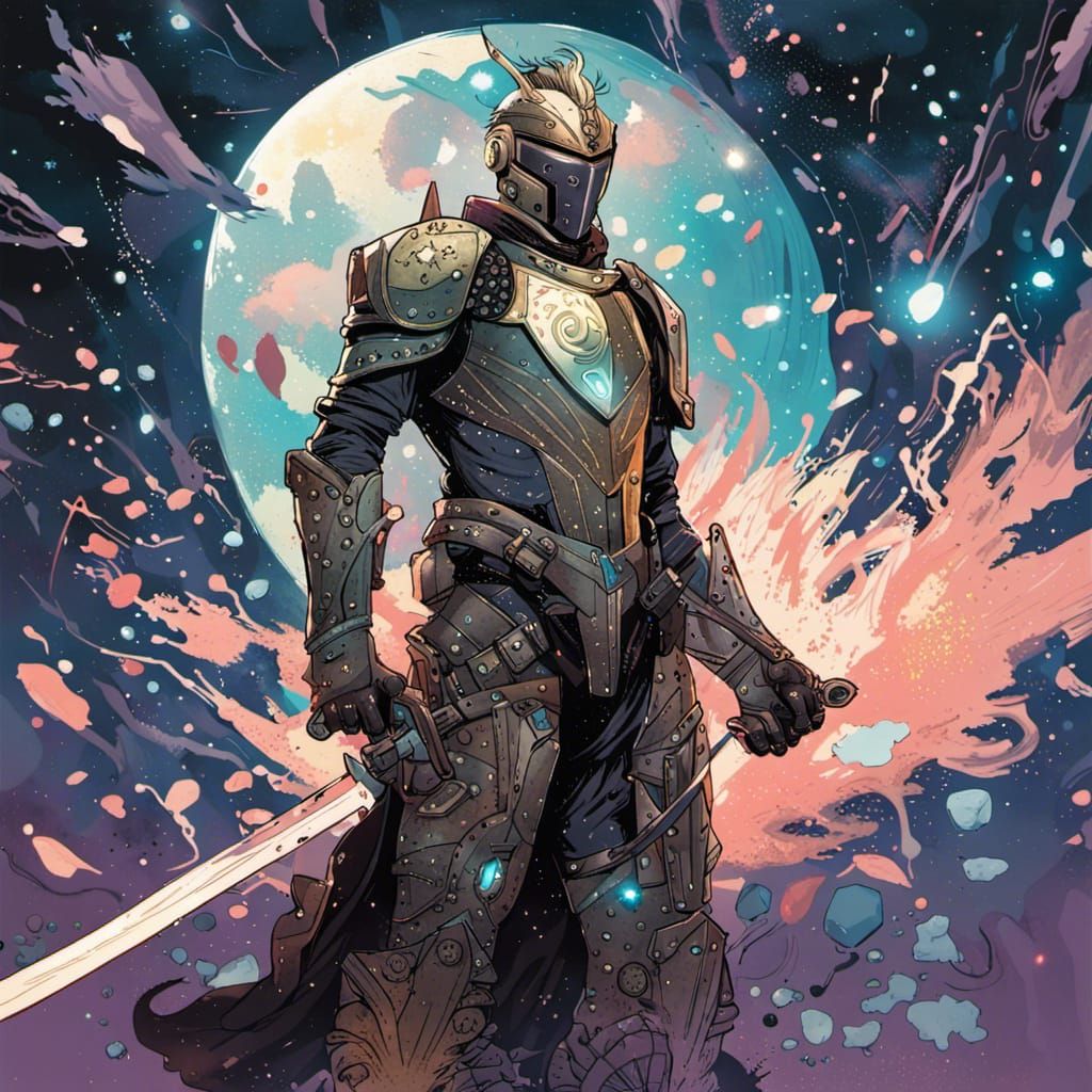 Celestial Knight in Cyberpunk Lunar Art