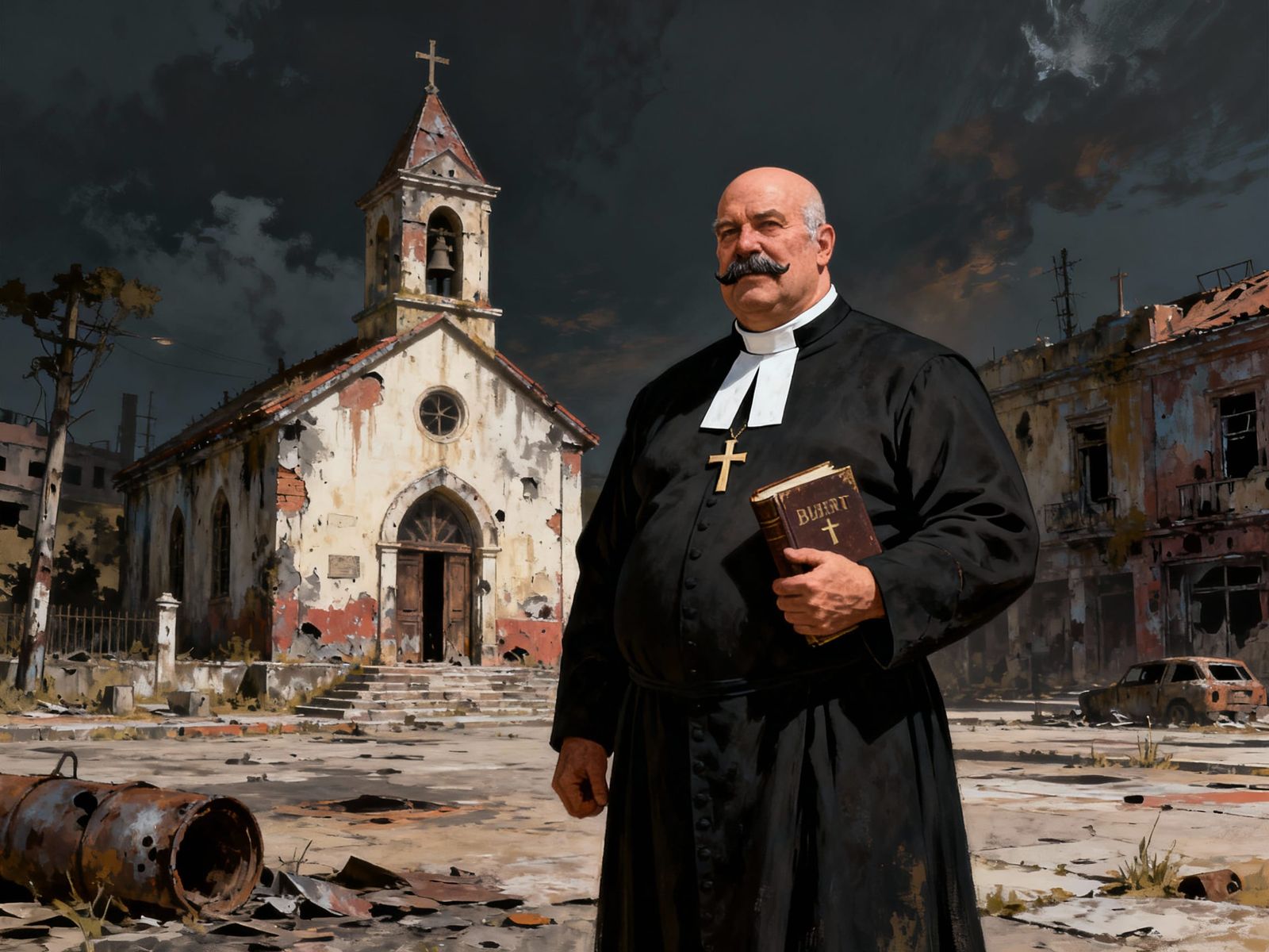 Post-Apocalyptic Priest Stands Before Church, Inspired by Fr...