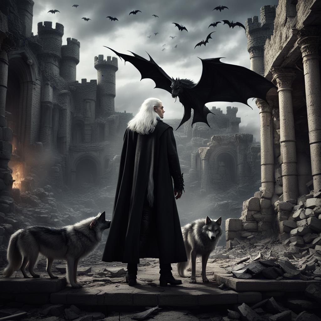 Vampire in Castle Ruins with Wolves, Matte Painting