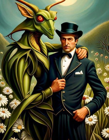 Man and Giant Mantis in Steampunk Fairycore Style