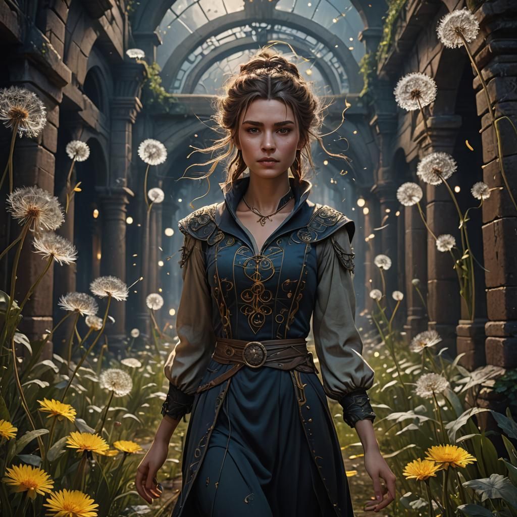 Dandelion Wind: Young Woman in Labyrinth at Night