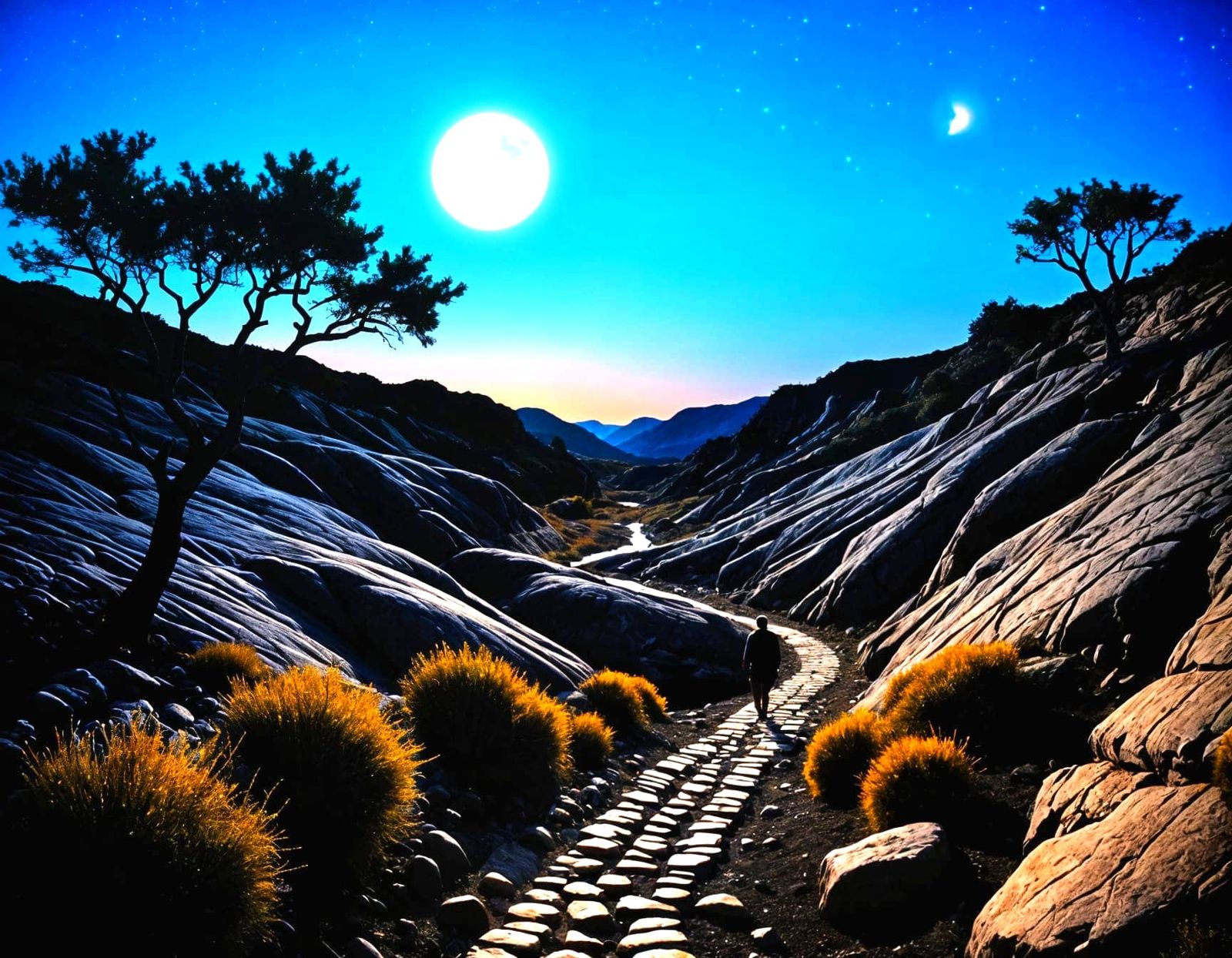 Mysterious Wanderer Navigates Rocky Terrain Under Blue Moonl...