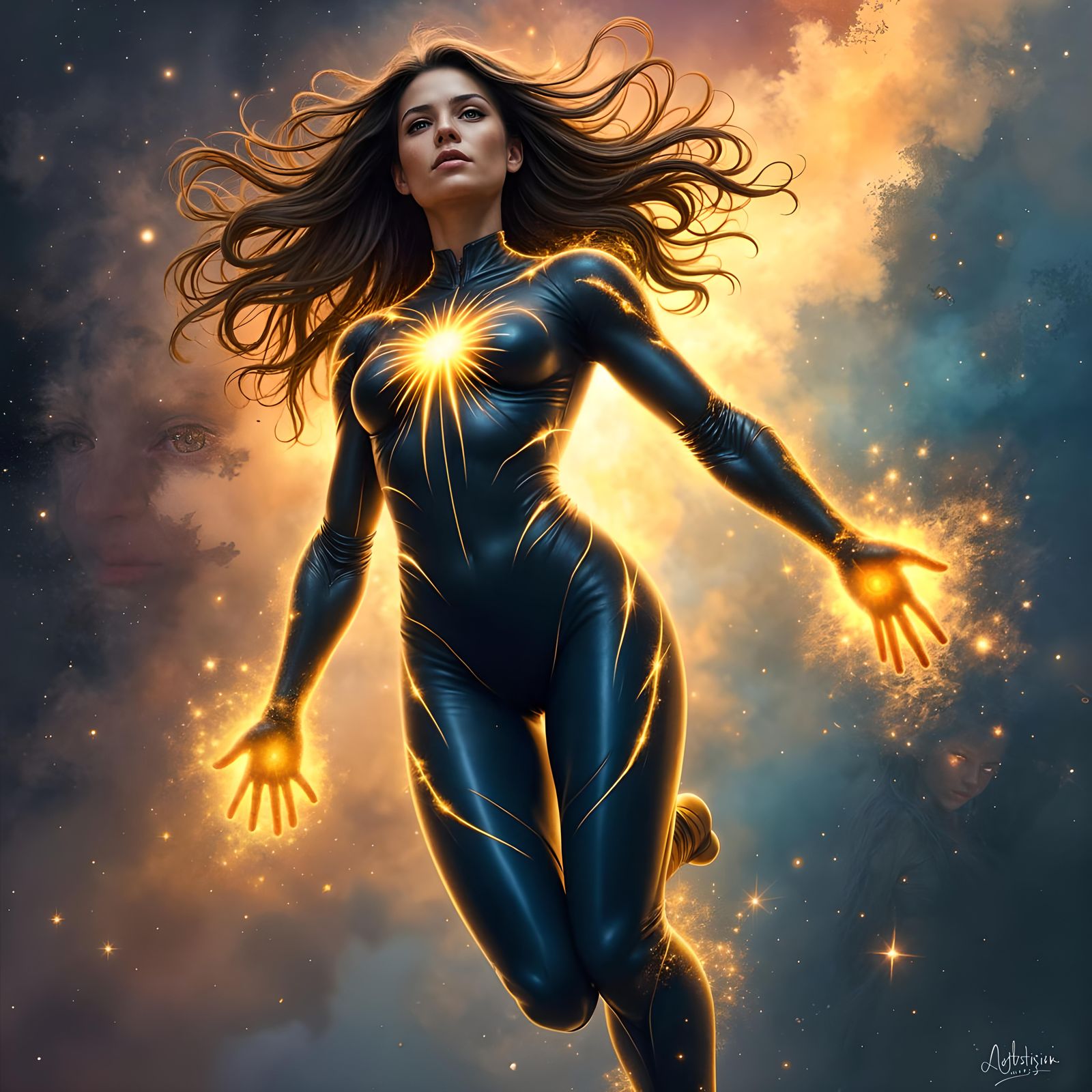 Cosmic Heroine Soaring Through Space in Graffiti Art Style