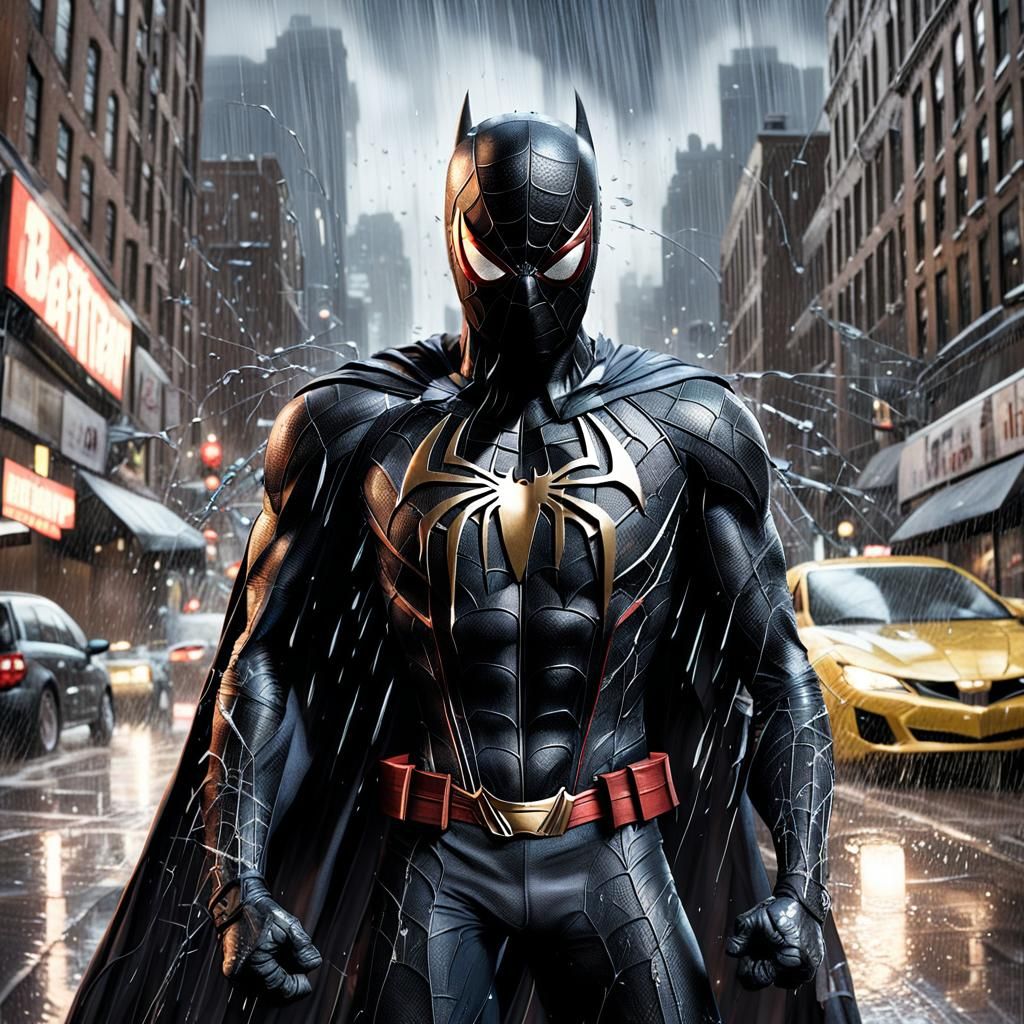 Spider-Man and Batman Face Off in Rain-Soaked City