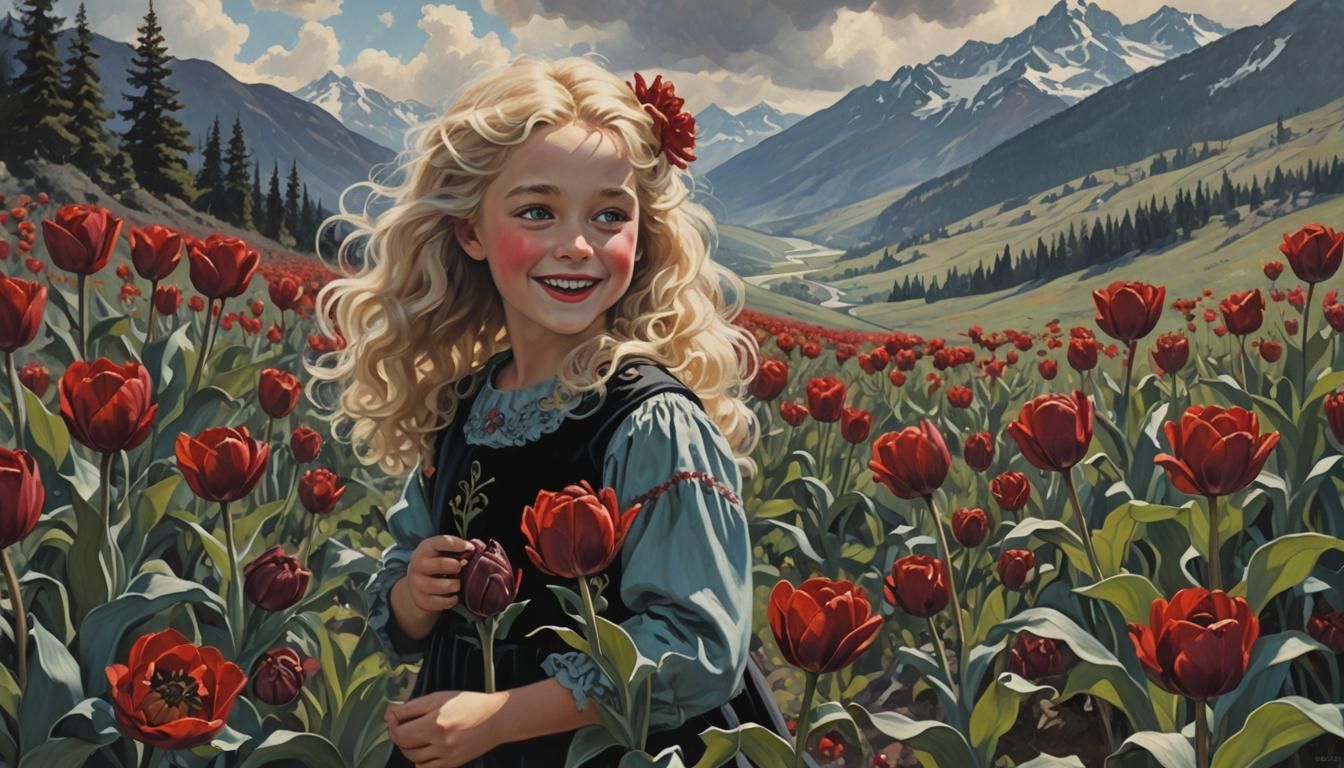 Girl Collecting Black Tulips in Frazetta Style