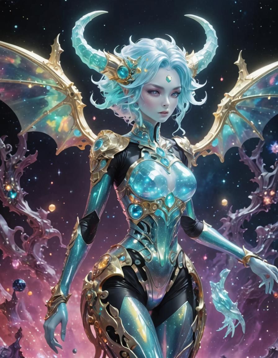 Rainbow Dragon Girl with Robot Skeleton