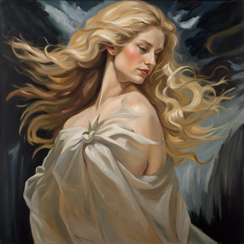 Art Terese Nielsen,, a masterpiece of post-impressionist oil painting of beautiful Engel, side view, expressive facial f...