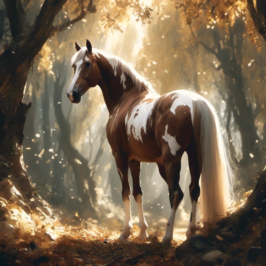Paint Horse in Sunny Forest: Watercolor Rendering