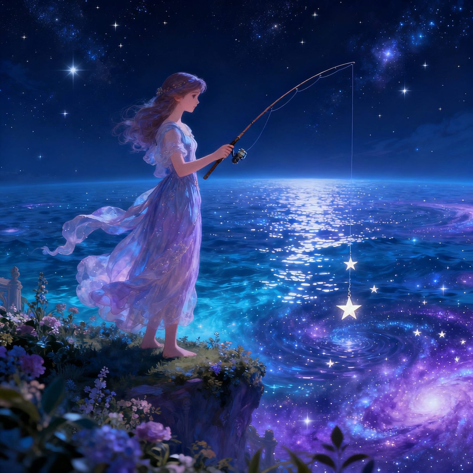 Goddess Fishing for Stars Above the Cosmos