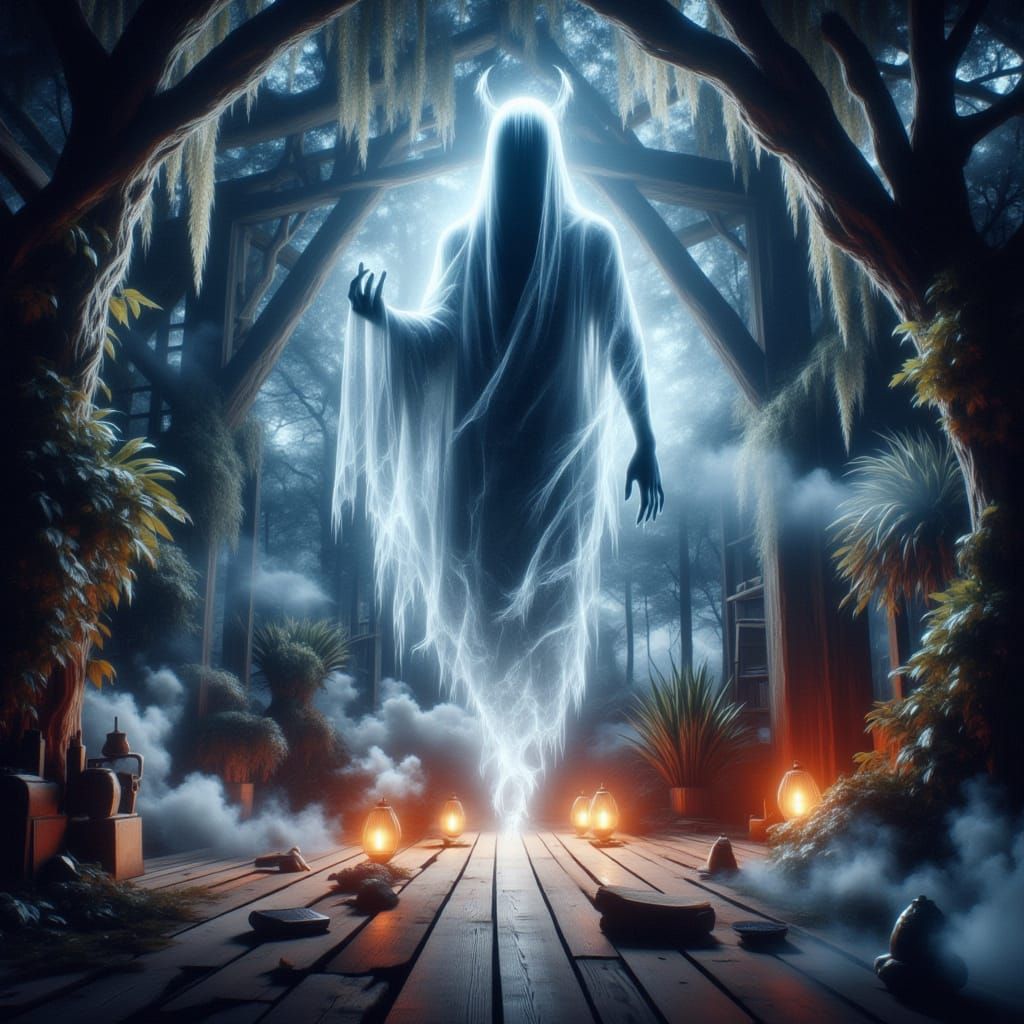 Ethereal Ghost Shimmers in Dreamlike Twilight Landscape