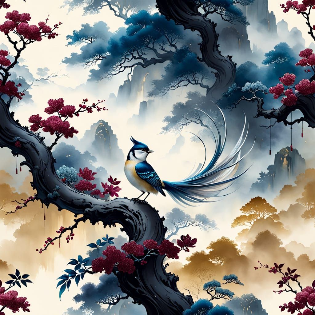 Fluffy Bird in Traditional Chinese Painting Style