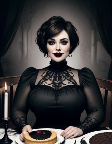 Gothic Lady With Creepy Smile and Blood Cake