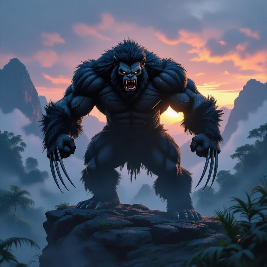 Wolverine-King Kong Hybrid on Rocky Outcrop in Foggy Jungle